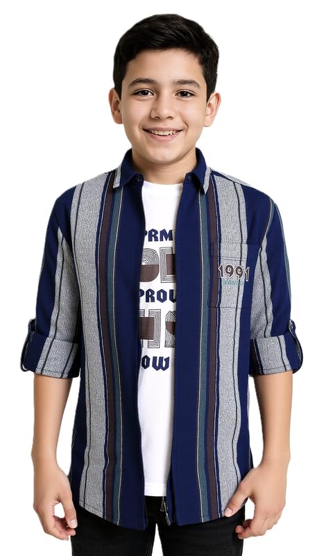 CAVIO Boys Striped Full Sleeve Shirt with Regular Fit T-Shirt Seagreen