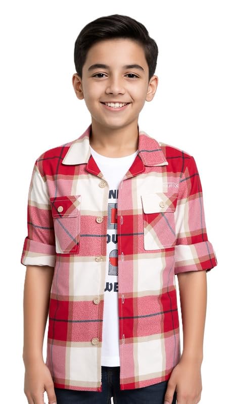 CAVIO Boys Cotton Regular Fit Full Sleeve Checks Shirt and T-Shirt Red