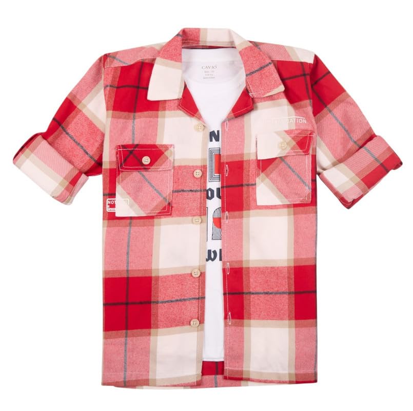 CAVIO Boys Cotton Regular Fit Full Sleeve Checks Shirt and T-Shirt Red