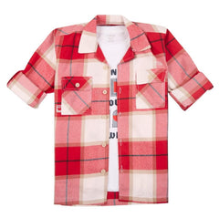 CAVIO Boys Cotton Regular Fit Full Sleeve Checks Shirt and T-Shirt Red
