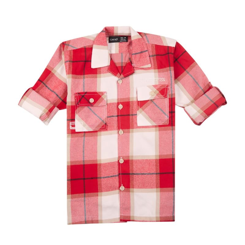 CAVIO Boys Cotton Regular Fit Full Sleeve Checks Shirt and T-Shirt Red