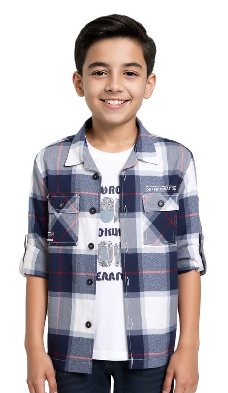 CAVIO Boys Cotton Regular Fit Full Sleeve Checks Shirt and T-Shirt Navy