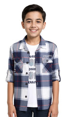 CAVIO Boys Cotton Regular Fit Full Sleeve Checks Shirt and T-Shirt Navy