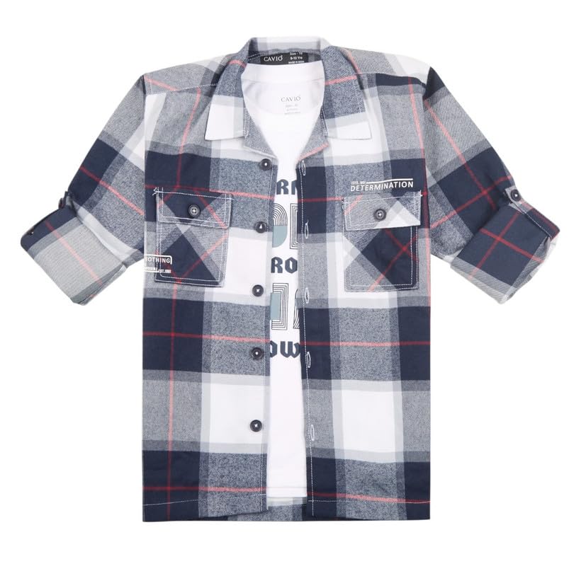 CAVIO Boys Cotton Regular Fit Full Sleeve Checks Shirt and T-Shirt Navy