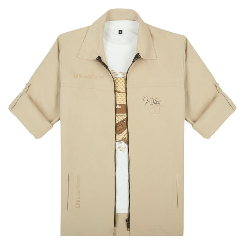 CAVIO Boys Printed Full Sleeve Jacket with Regular Fit T-Shirt Cream