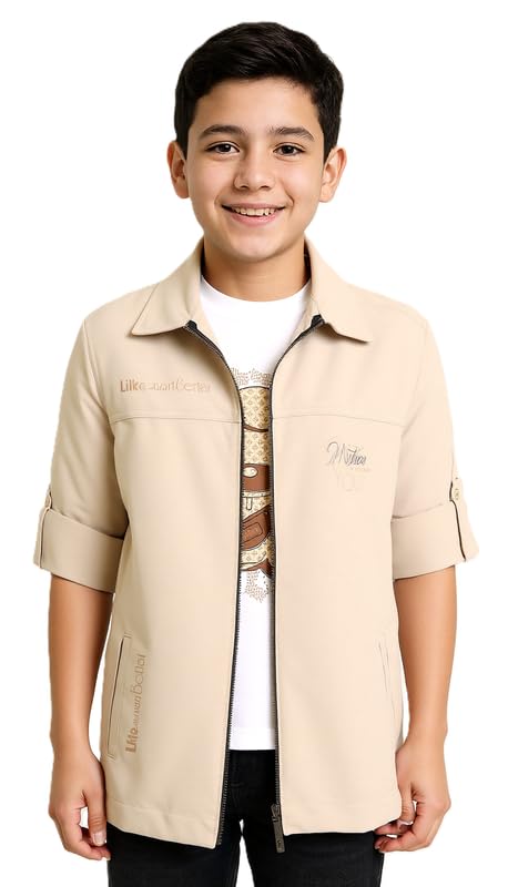 CAVIO Boys Printed Full Sleeve Jacket with Regular Fit T-Shirt Cream