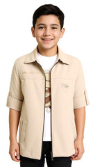 CAVIO Boys Printed Full Sleeve Jacket with Regular Fit T-Shirt Cream