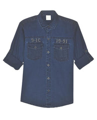 CAVIO Boys Cotton Regular Fit Spread Collar Full Sleeves Denim Shirt Navy