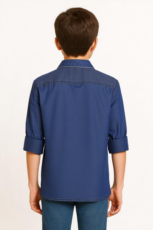 CAVIO Boys Cotton Regular Fit Spread Collar Full Sleeves Denim Shirt Navy