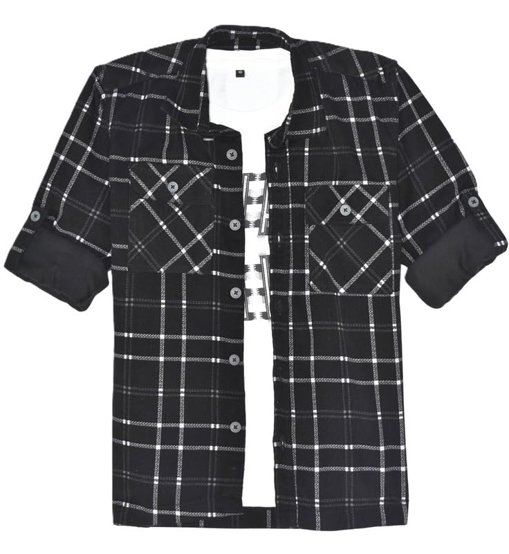CAVIO Boys Cotton Checks Full Sleeves Shirt with Regular Fit T-Shirt Black