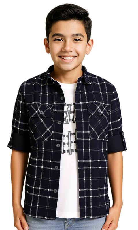 CAVIO Boys Cotton Checks Full Sleeves Shirt with Regular Fit T-Shirt Black