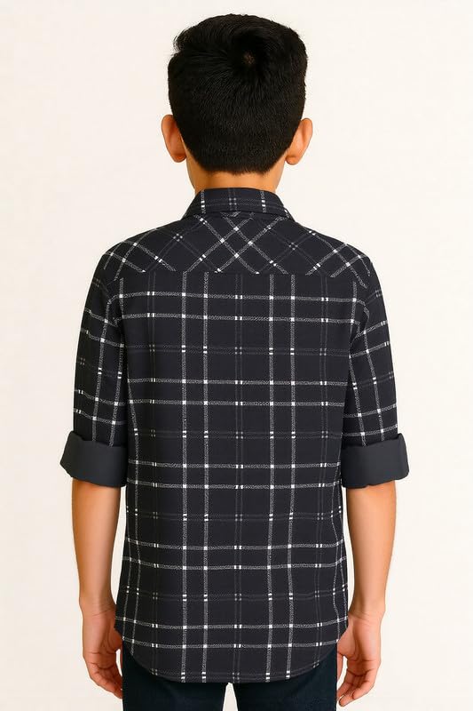 CAVIO Boys Cotton Checks Full Sleeves Shirt with Regular Fit T-Shirt Black
