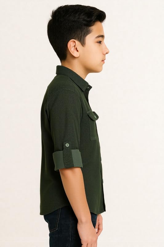 CAVIO Boys Cotton Regular Fit Spread Collar Full Sleeves Plain Shirt DarkGreen