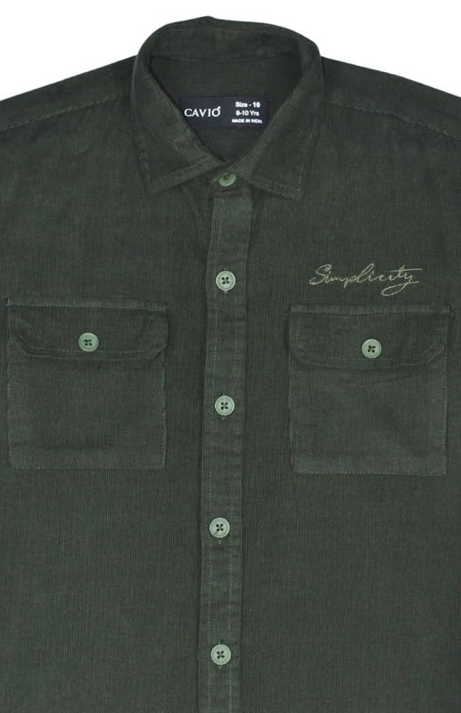 CAVIO Boys Cotton Regular Fit Spread Collar Full Sleeves Plain Shirt DarkGreen