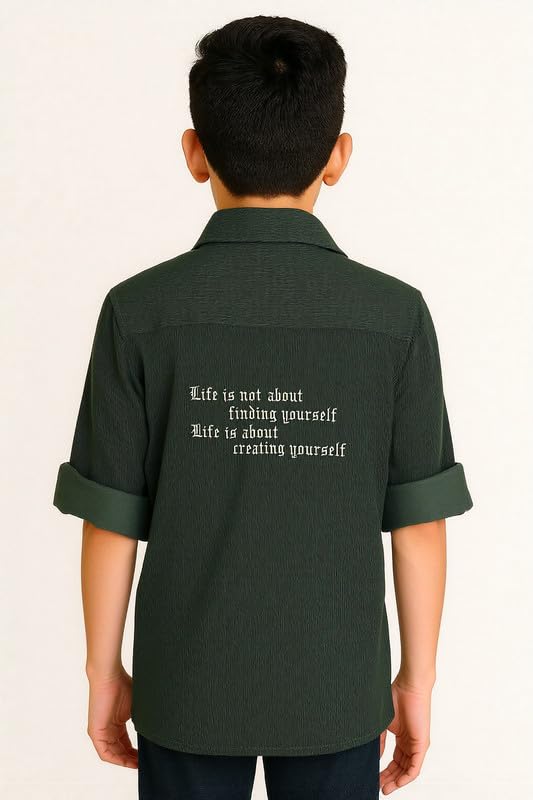 CAVIO Boys Cotton Regular Fit Spread Collar Full Sleeves Plain Shirt DarkGreen