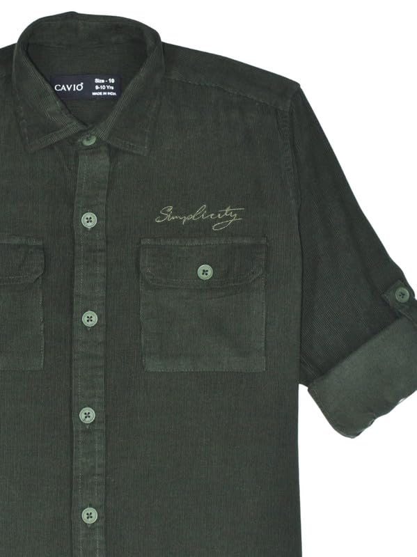 CAVIO Boys Cotton Regular Fit Spread Collar Full Sleeves Plain Shirt DarkGreen