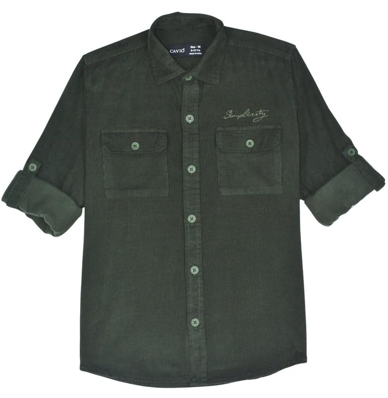 CAVIO Boys Cotton Regular Fit Spread Collar Full Sleeves Plain Shirt DarkGreen