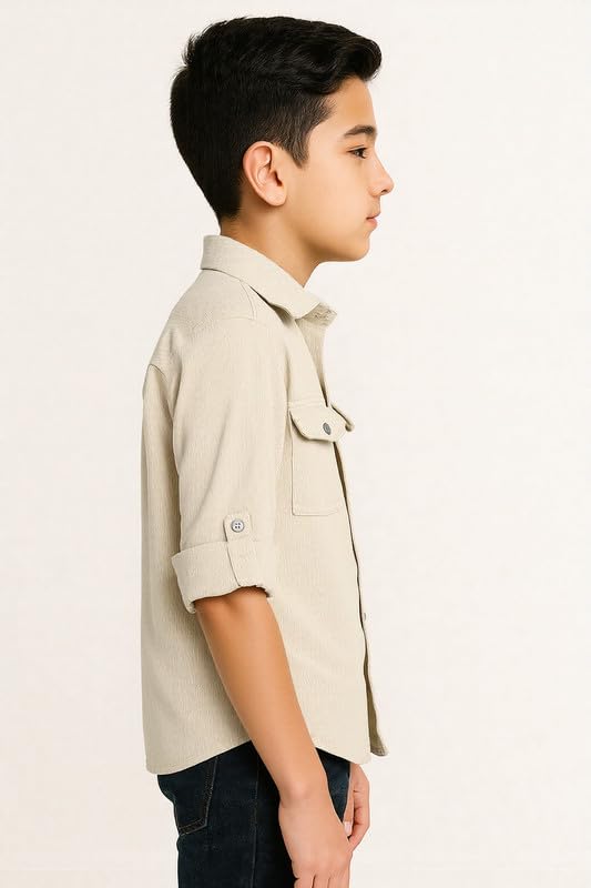 CAVIO Boys Cotton Regular Fit Spread Collar Full Sleeves Plain Shirt Cream