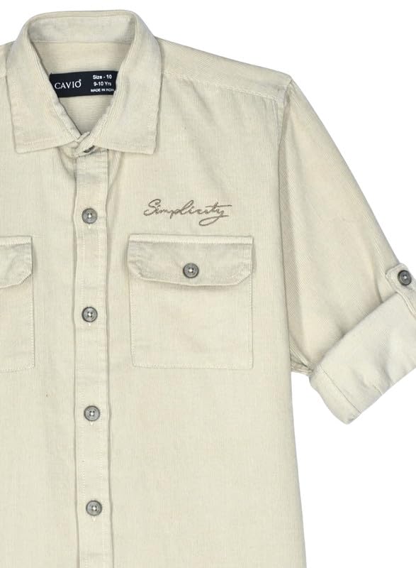 CAVIO Boys Cotton Regular Fit Spread Collar Full Sleeves Plain Shirt Cream