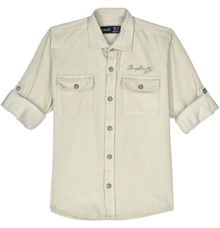 CAVIO Boys Cotton Regular Fit Spread Collar Full Sleeves Plain Shirt Cream