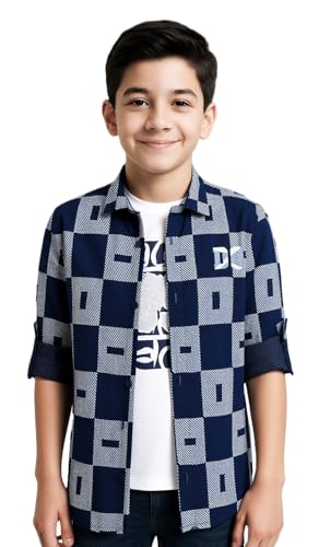 CAVIO Boys Cotton Full Sleeves Checks Shirt with Regular Fit T-Shirt Navy