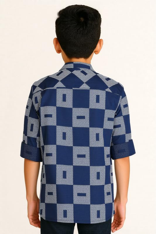 CAVIO Boys Cotton Full Sleeves Checks Shirt with Regular Fit T-Shirt Navy