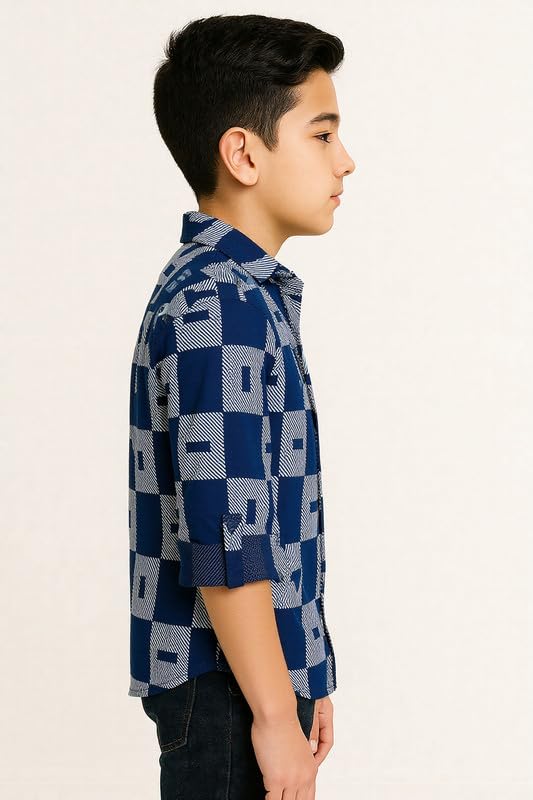 CAVIO Boys Cotton Full Sleeves Checks Shirt with Regular Fit T-Shirt Navy