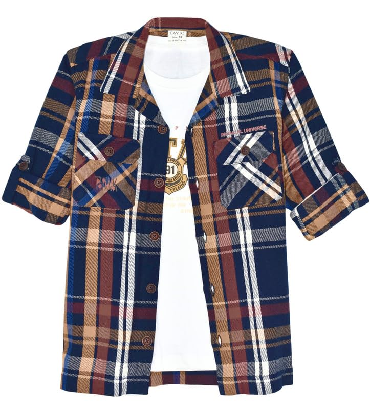 CAVIO Boys Cotton Checks Full Sleeves Shirt with Regular Fit T-Shirt Navy