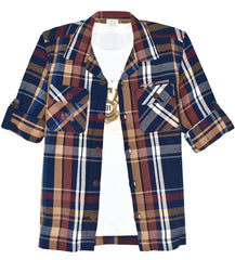 CAVIO Boys Cotton Checks Full Sleeves Shirt with Regular Fit T-Shirt Navy