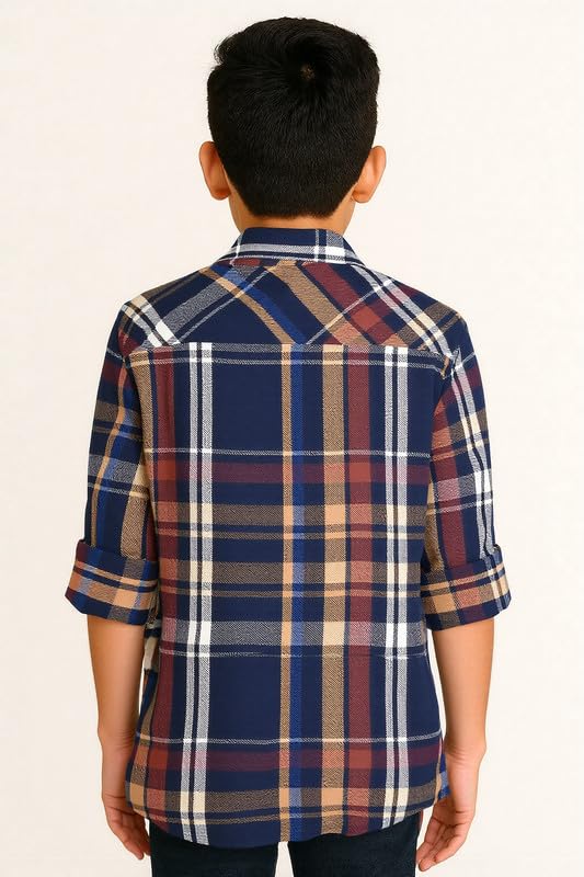 CAVIO Boys Cotton Checks Full Sleeves Shirt with Regular Fit T-Shirt Navy