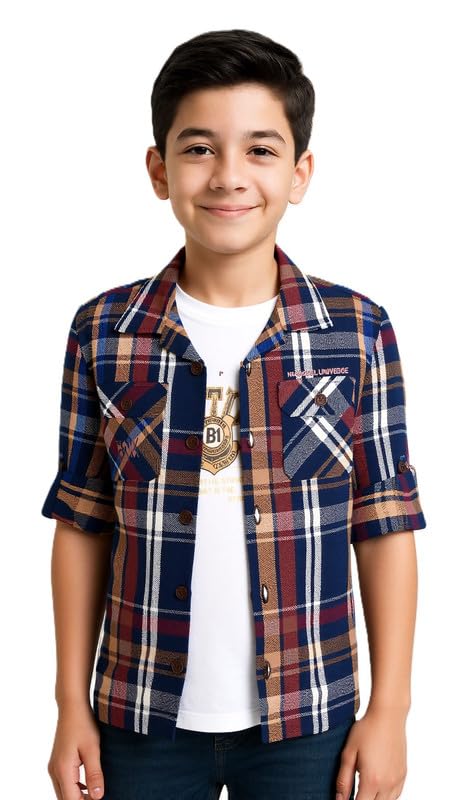 CAVIO Boys Cotton Checks Full Sleeves Shirt with Regular Fit T-Shirt Navy