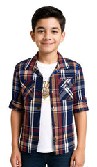 CAVIO Boys Cotton Checks Full Sleeves Shirt with Regular Fit T-Shirt Navy