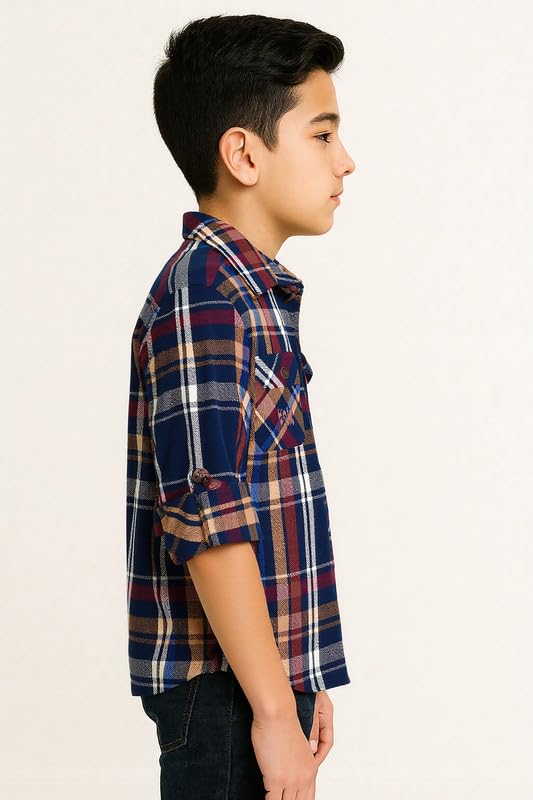 CAVIO Boys Cotton Checks Full Sleeves Shirt with Regular Fit T-Shirt Navy