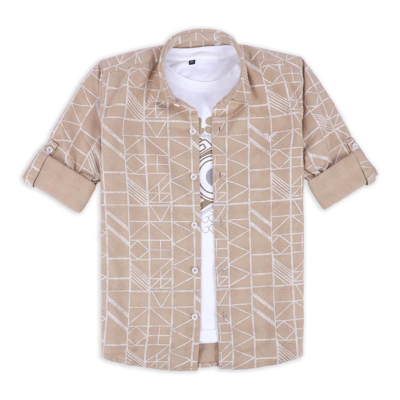 CAVIO Boys Cotton Printed Full Sleeves Shirt with Regular Fit T-Shirt Cream