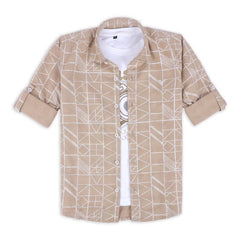 CAVIO Boys Cotton Printed Full Sleeves Shirt with Regular Fit T-Shirt Cream