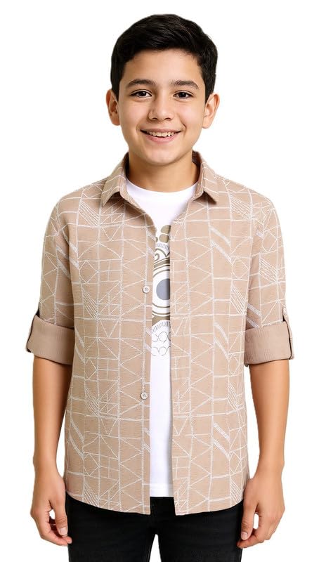 CAVIO Boys Cotton Printed Full Sleeves Shirt with Regular Fit T-Shirt Cream