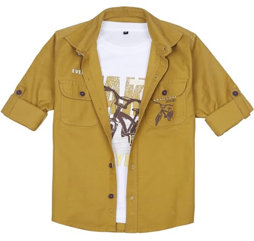 Boys Full Sleeves Graphic Printed Shirt and T-Shirt Gold