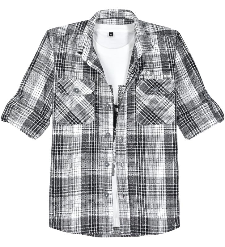 CAVIO Boys Cotton Full Sleeves Checked Shirt and T-Shirt Black