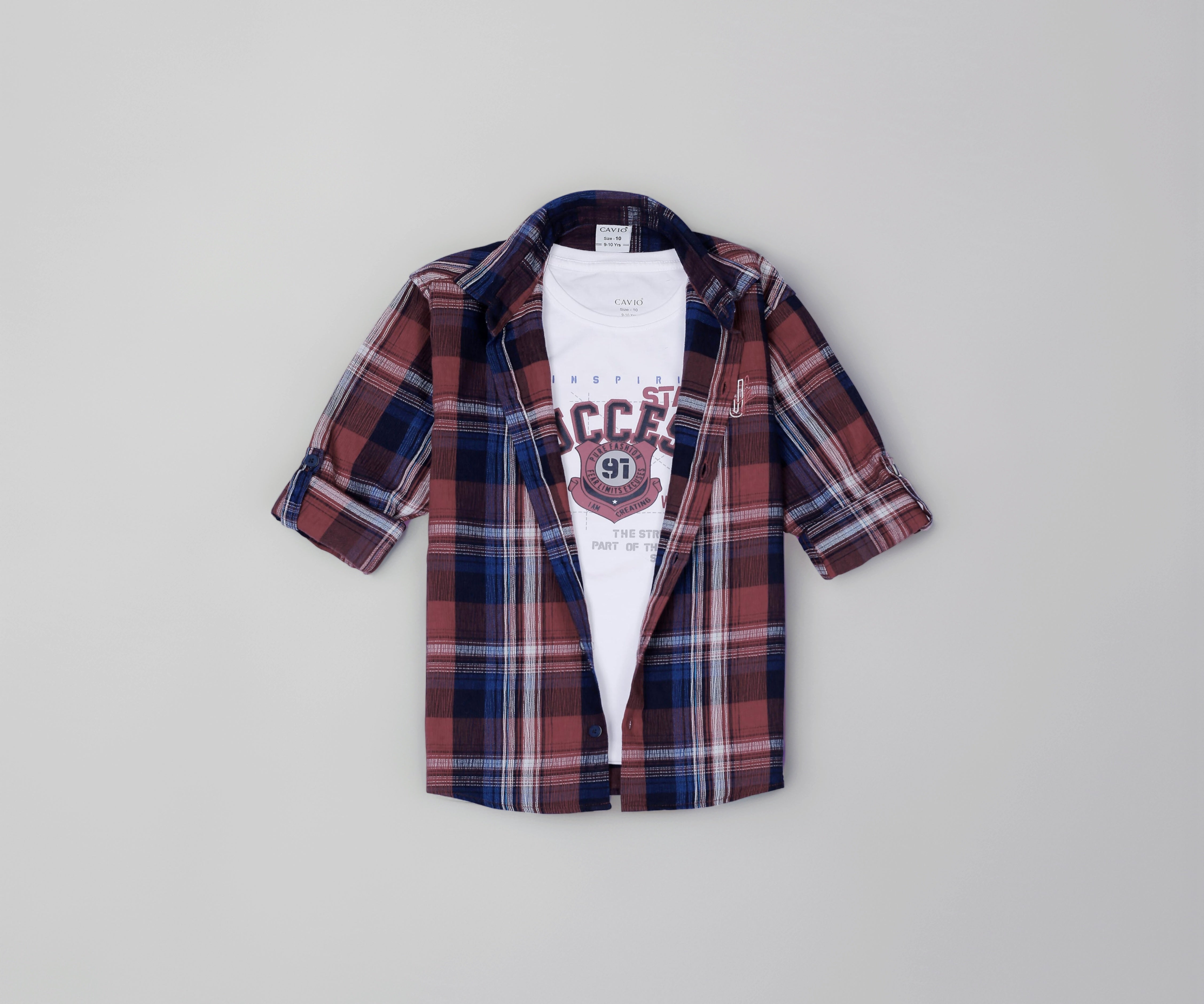 Boys Full Sleeves Checked Shirt and T-Shirt Red