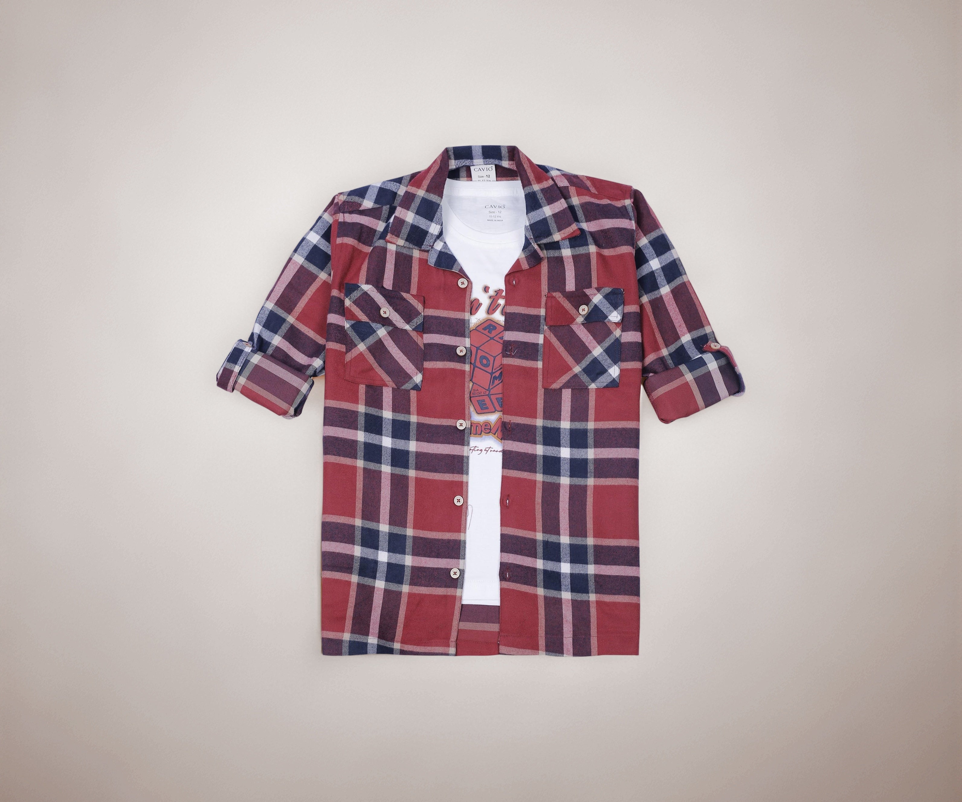Boys Full Sleeves Checked Shirt and T-Shirt Maroon