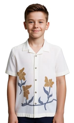 CAVIO Boys Half Sleeves Embroidered Shirt Cream