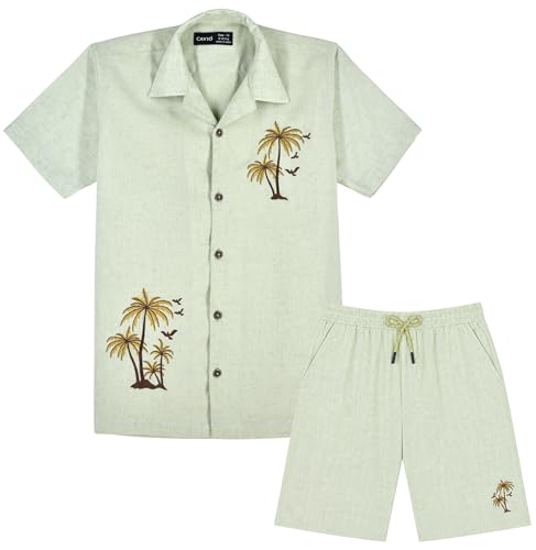 CAVIO Boys Regular Tropical Palm Tree Placement Embroidered Co-ord Set - LightGreen