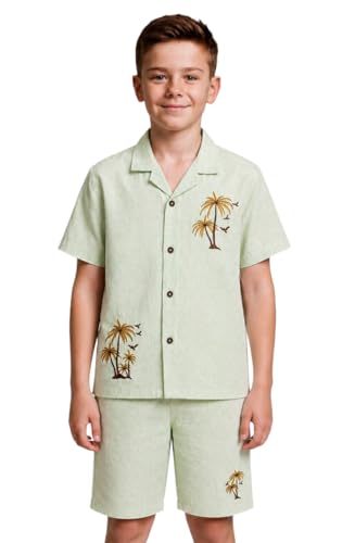 CAVIO Boys Regular Tropical Palm Tree Placement Embroidered Co-ord Set - LightGreen