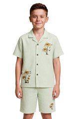 CAVIO Boys Regular Tropical Palm Tree Placement Embroidered Co-ord Set - LightGreen