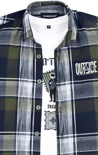 CHARCHIT Boys Half Sleeves Checked Shirt with T-Shirt OliveGreen
