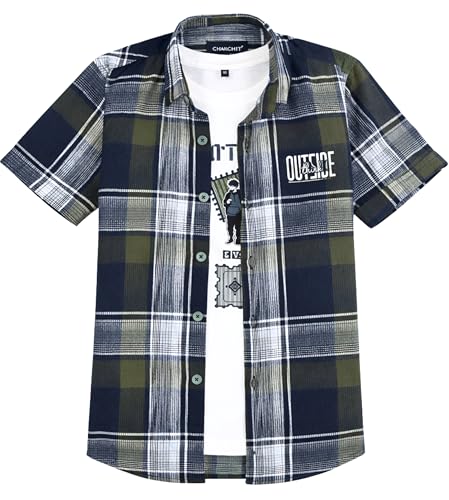 CHARCHIT Boys Half Sleeves Checked Shirt with T-Shirt OliveGreen