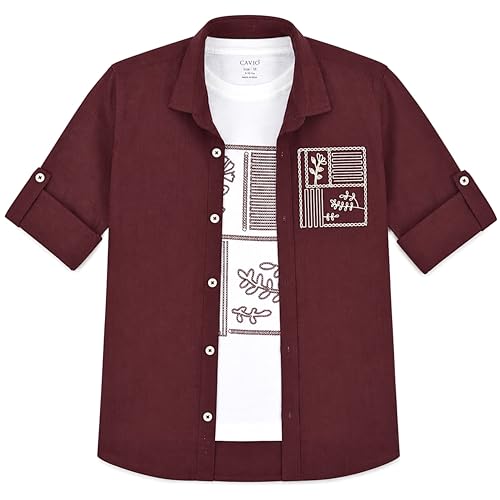 CAVIO Boys Full Sleeves Floral Printed Shirt Whit T-Shirt Rust