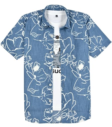 CAVIO Boys Half Sleeves Floral Printed Shirt with T-Shirt LightBlue
