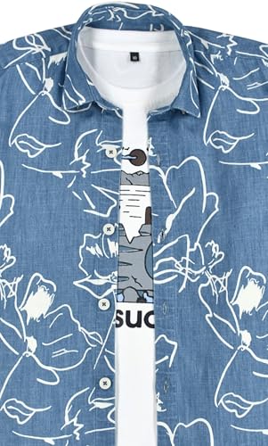 CAVIO Boys Half Sleeves Floral Printed Shirt with T-Shirt LightBlue
