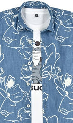 CAVIO Boys Half Sleeves Floral Printed Shirt with T-Shirt LightBlue
